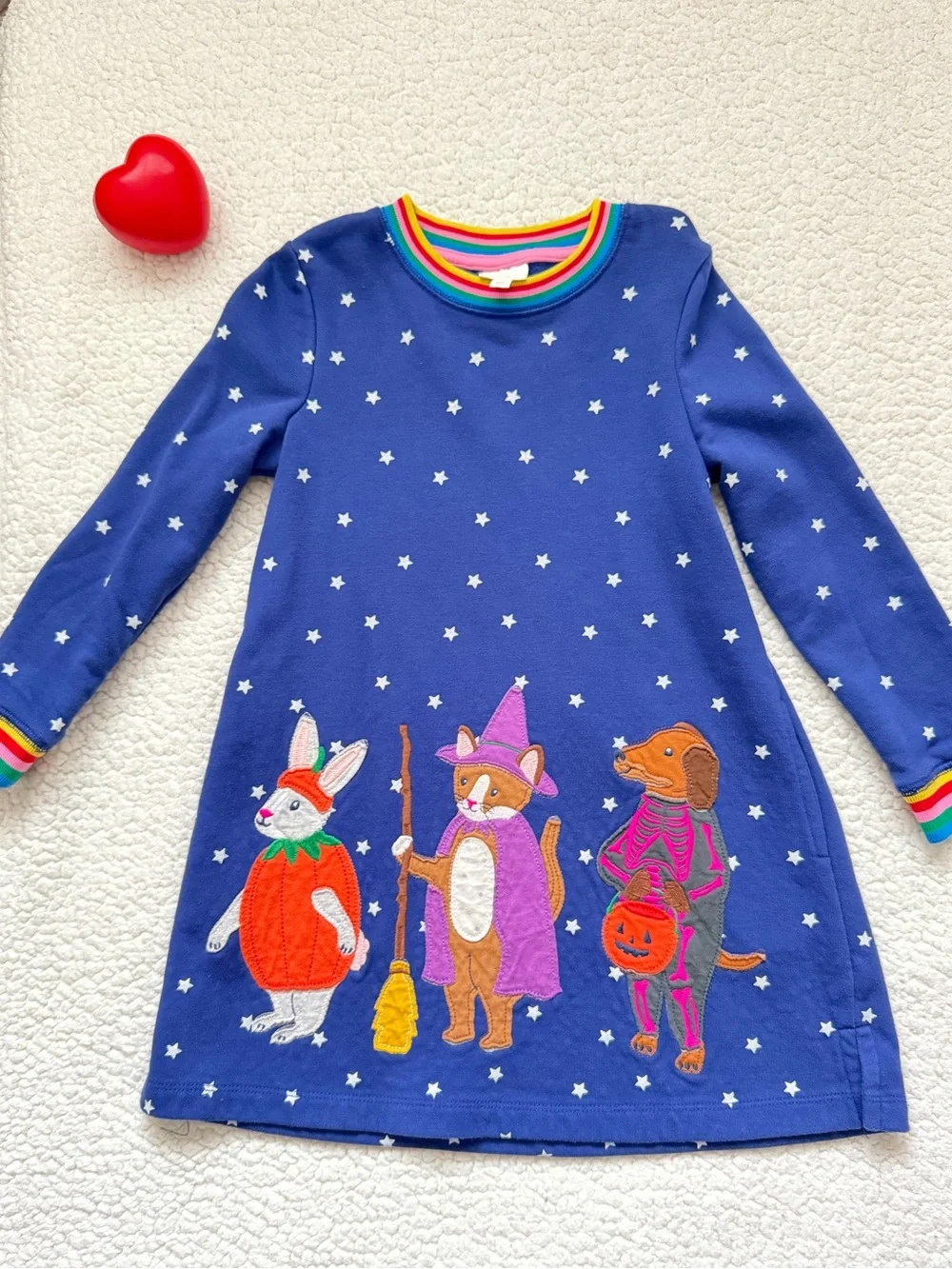 Mini Boden Blue Halloween Appliqué Dress with Rainbow Trim